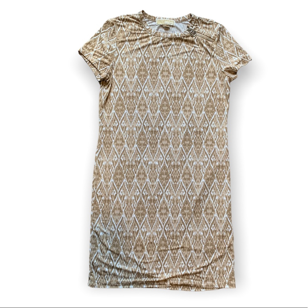 Michael Kors White and Tan Ikat Print Short Sleeved Mini Dress S